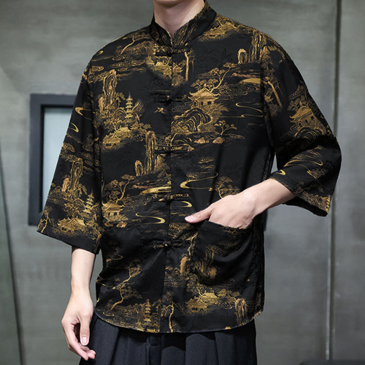 Buddha Stones Chemise homme à manches trois-quarts, manches 3/4, motif grenouille printanière et dragon, avec poches - image 35