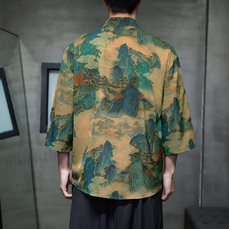 Chemise homme à manches trois-quarts, manches 3/4, avec poches, motif grenouille printanière, dragon et fleur de montagne, ornée de Buddha Stones et de boutons. - image 45