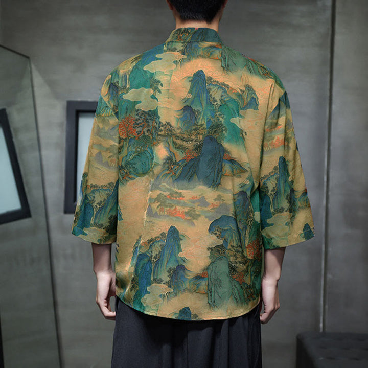 Chemise homme à manches trois-quarts, manches 3/4, avec poches, motif grenouille printanière, dragon et fleur de montagne, ornée de Buddha Stones et de boutons. - image 45