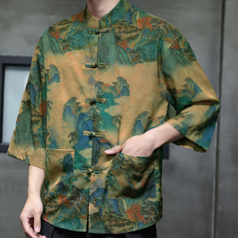 Chemise homme à manches trois-quarts, manches 3/4, avec poches, motif grenouille printanière, dragon et fleur de montagne, ornée de Buddha Stones et de boutons. - image 44