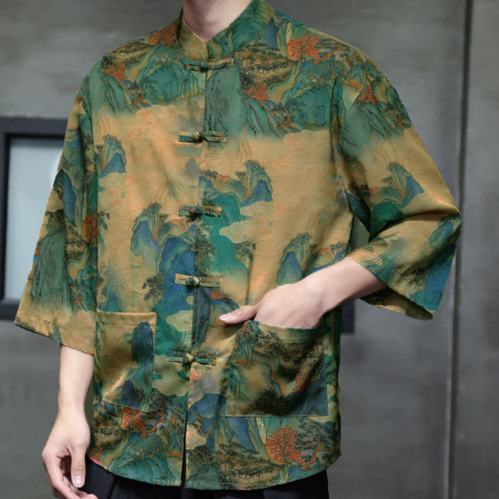 Chemise homme à manches trois-quarts, manches 3/4, avec poches, motif grenouille printanière, dragon et fleur de montagne, ornée de Buddha Stones et de boutons. - image 44