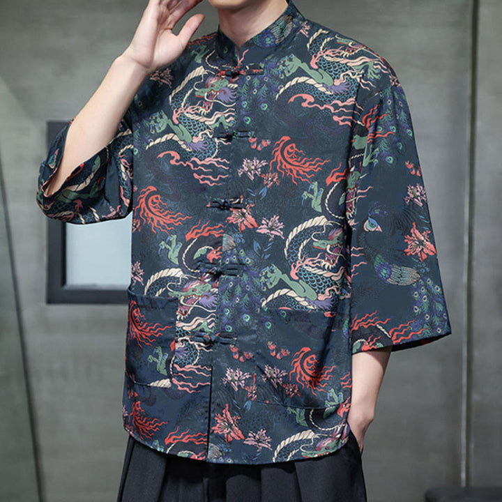 Buddha Stones Chemise homme à manches trois-quarts, manches 3/4, motif grenouille printanière et dragon, avec poches - image 27