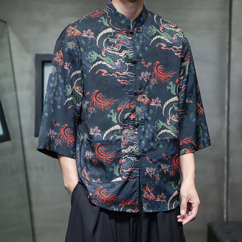 Buddha Stones Chemise homme à manches trois-quarts, manches 3/4, motif grenouille printanière et dragon, avec poches - image 28