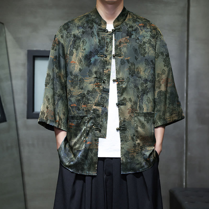 Buddha Stones Chemise homme à manches trois-quarts, manches 3/4, motif grenouille printanière et dragon, avec poches - image 53