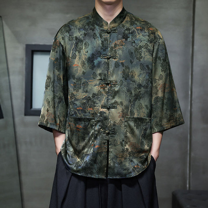 Chemise homme à manches trois-quarts, manches 3/4, avec poches, motif grenouille printanière, dragon et fleur de montagne, ornée de Buddha Stones et de boutons. - image 50