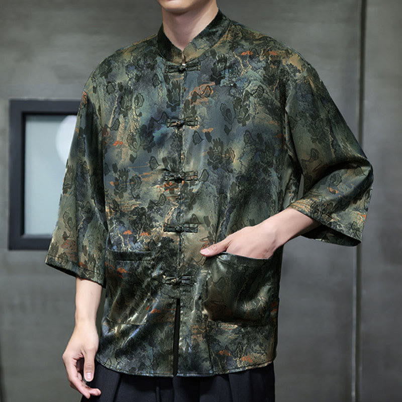Chemise homme à manches trois-quarts, manches 3/4, avec poches, motif grenouille printanière, dragon et fleur de montagne, ornée de Buddha Stones et de boutons. - image 54
