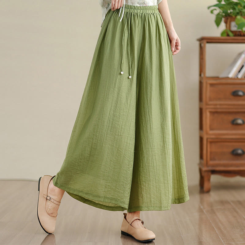 Buddha Stones Pantalon Capri court à jambes larges pour femme, couleur unie et taille élastique - JauneVert - US12，UK/AU16，EU44 (3XL) - image 0
