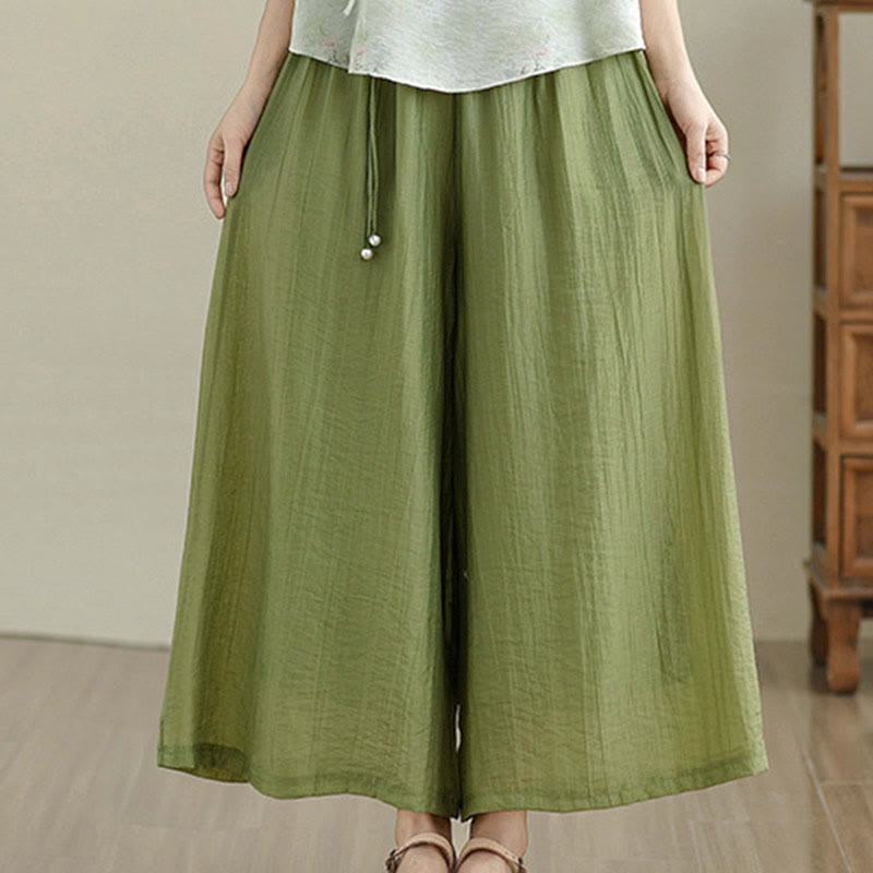Buddha Stones Pantalon Capri court à jambes larges pour femme, couleur unie et taille élastique - image 1