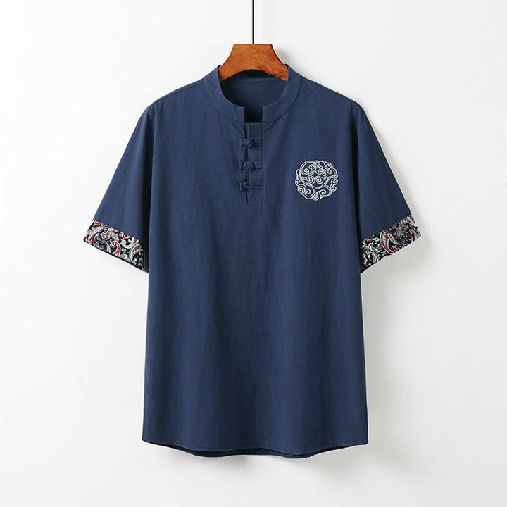 Buddha Stones Chemise homme en coton et lin à manches courtes, ornée de broderies de nuages ​​porte-bonheur et de boutons grenouilles d'été - SteelBlue - US/UK/AU54，EU64 (9XL) - image 11