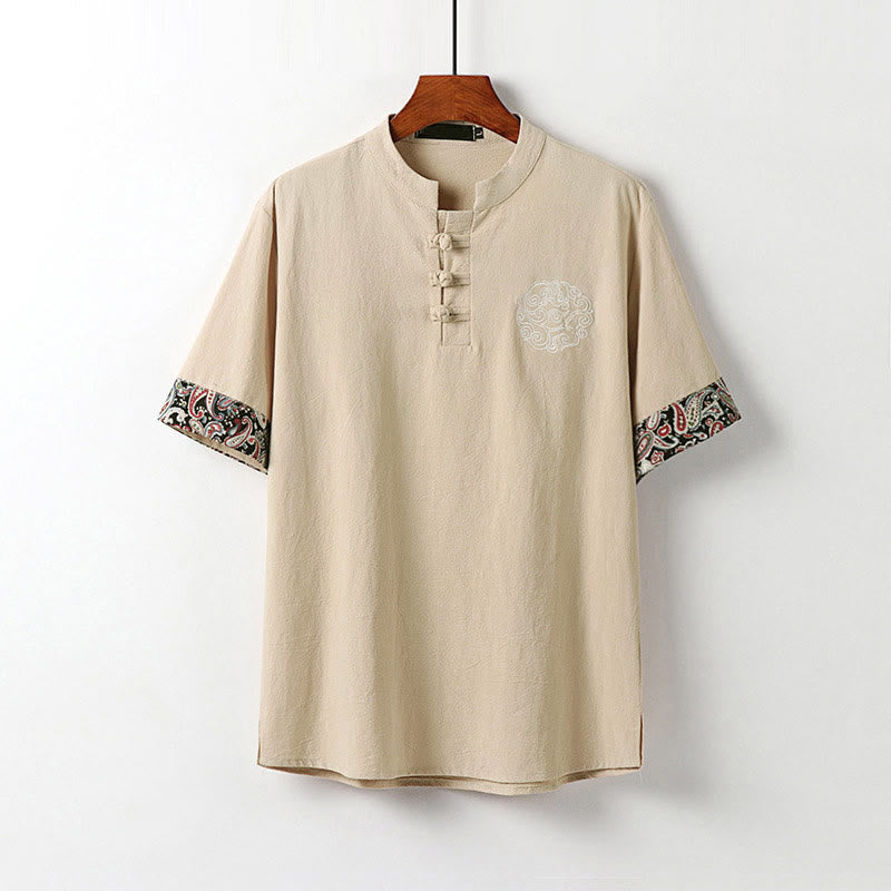 Buddha Stones Chemise homme en coton et lin à manches courtes, ornée de broderies de nuages ​​porte-bonheur et de boutons grenouilles d'été - Bisque - US/UK/AU54，EU64 (9XL) - image 12