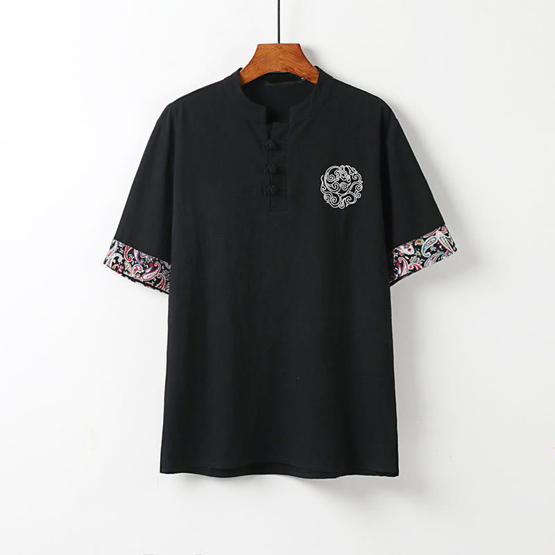 Buddha Stones Chemise homme en coton et lin à manches courtes, ornée de broderies de nuages ​​porte-bonheur et de boutons grenouilles d'été - Noir - US/UK/AU54，EU64 (9XL) - image 10