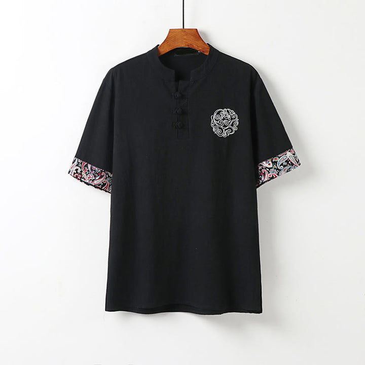 Buddha Stones Chemise homme en coton et lin à manches courtes, ornée de broderies de nuages ​​porte-bonheur et de boutons grenouilles d'été - Noir - US/UK/AU54，EU64 (9XL) - image 10