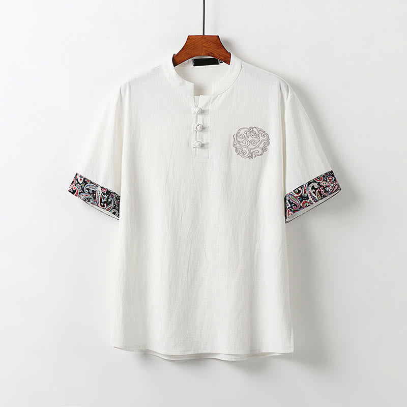 Buddha Stones Chemise homme en coton et lin à manches courtes, ornée de broderies de nuages ​​porte-bonheur et de boutons grenouilles d'été - Blanc - US/UK/AU54，EU64 (9XL) - image 0