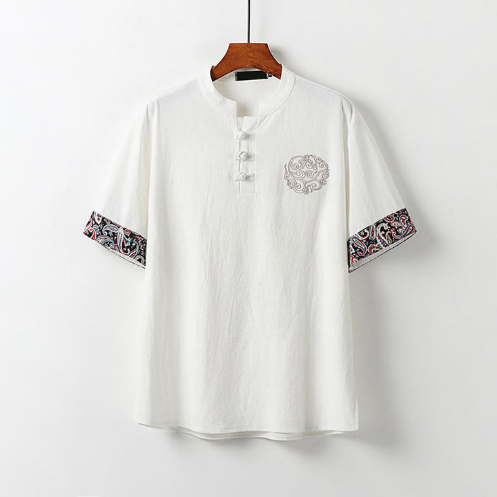 Buddha Stones Chemise homme en coton et lin à manches courtes, ornée de broderies de nuages ​​porte-bonheur et de boutons grenouilles d'été - Blanc - US/UK/AU54，EU64 (9XL) - image 0
