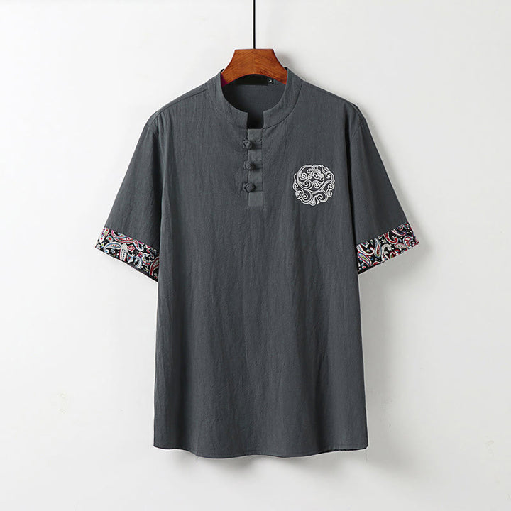 Buddha Stones Chemise homme en coton et lin à manches courtes, ornée de broderies de nuages ​​porte-bonheur et de boutons grenouilles d'été - Gris - US/UK/AU54，EU64 (9XL) - image 9