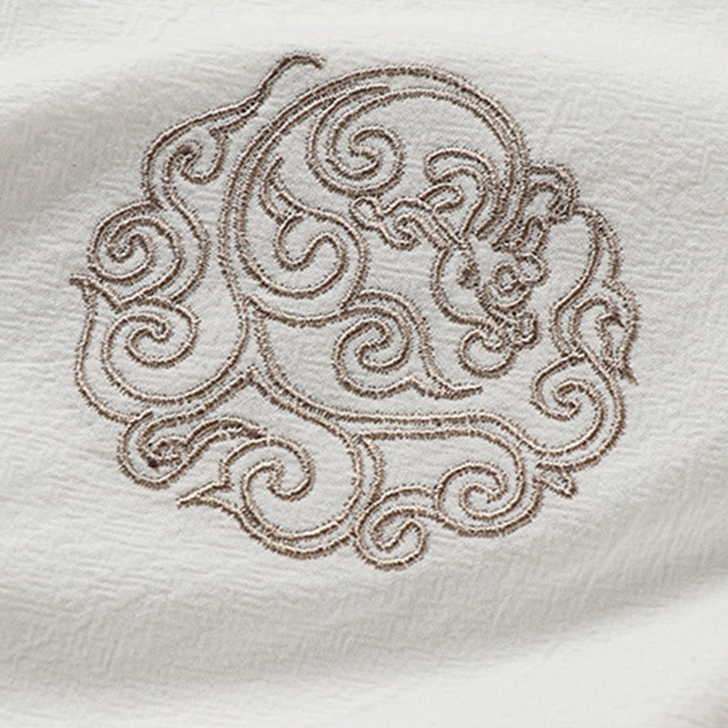 Buddha Stones Chemise homme en coton et lin à manches courtes, ornée de broderies de nuages ​​porte-bonheur et de boutons grenouilles d'été - image 4