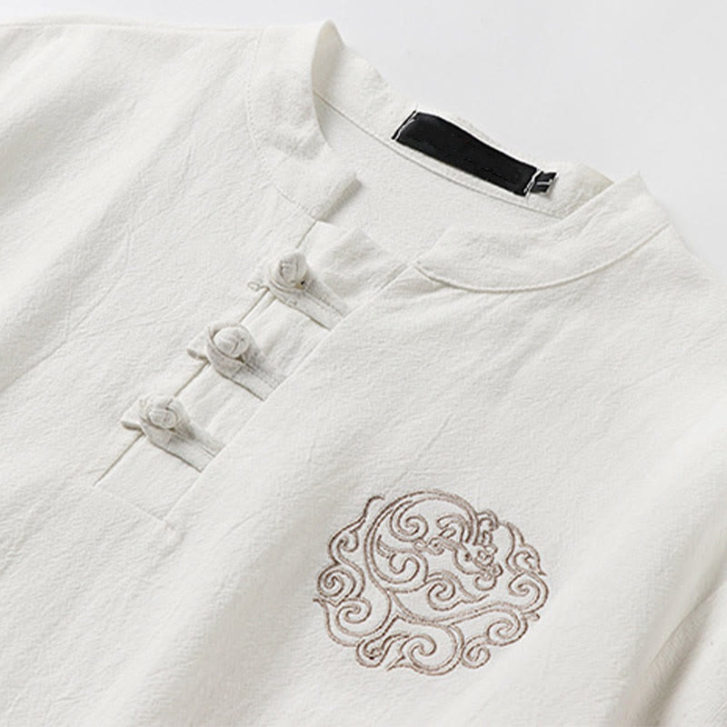 Buddha Stones Chemise homme en coton et lin à manches courtes, ornée de broderies de nuages ​​porte-bonheur et de boutons grenouilles d'été - image 2