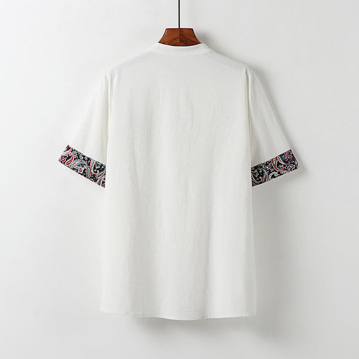 Buddha Stones Chemise homme en coton et lin à manches courtes, ornée de broderies de nuages ​​porte-bonheur et de boutons grenouilles d'été - image 1