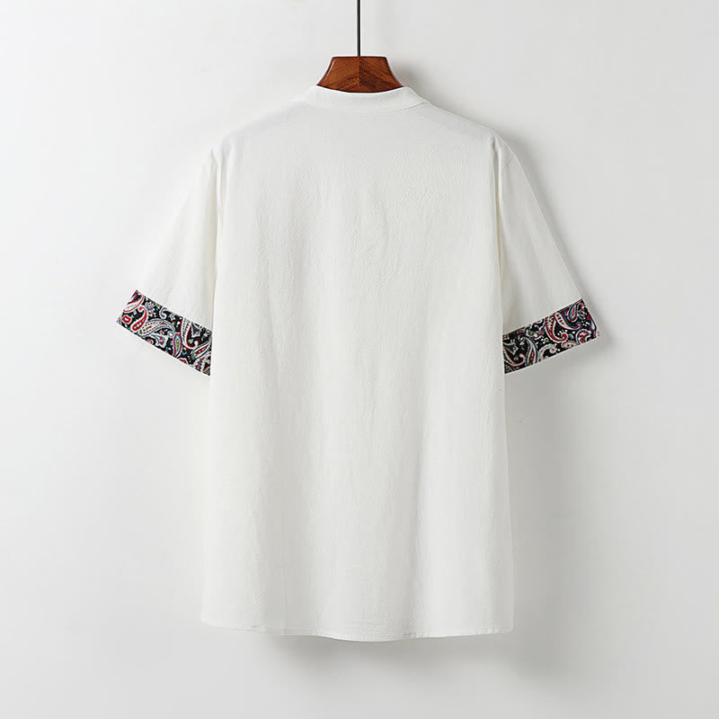 Buddha Stones Chemise homme en coton et lin à manches courtes, ornée de broderies de nuages ​​porte-bonheur et de boutons grenouilles d'été - image 1