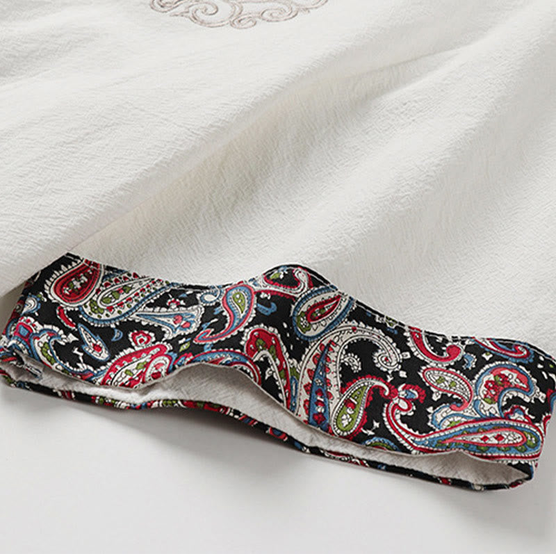 Buddha Stones Chemise homme en coton et lin à manches courtes, ornée de broderies de nuages ​​porte-bonheur et de boutons grenouilles d'été - image 5