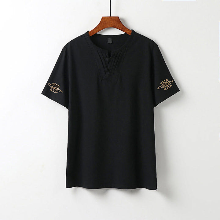 Buddha Stones Chemise d'été pour homme en coton et lin, col en V, manches courtes, boutons brandebourg, broderie nuages - Noir - US/UK/AU54，EU64 (9XL) - image 11