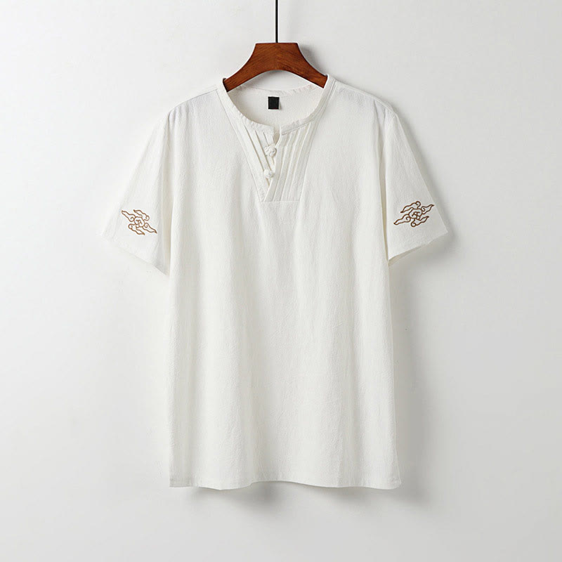 Buddha Stones Chemise d'été pour homme en coton et lin, col en V, manches courtes, boutons brandebourg, broderie nuages - Blanc - US/UK/AU54，EU64 (9XL) - image 1