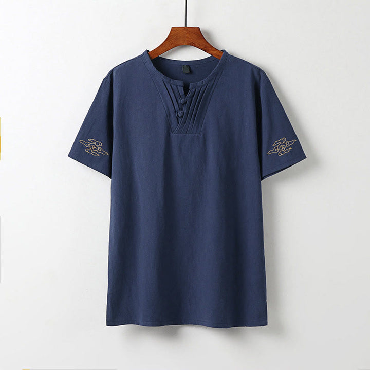 Buddha Stones Chemise d'été pour homme en coton et lin, col en V, manches courtes, boutons brandebourg, broderie nuages - SteelBlue - US/UK/AU54，EU64 (9XL) - image 0