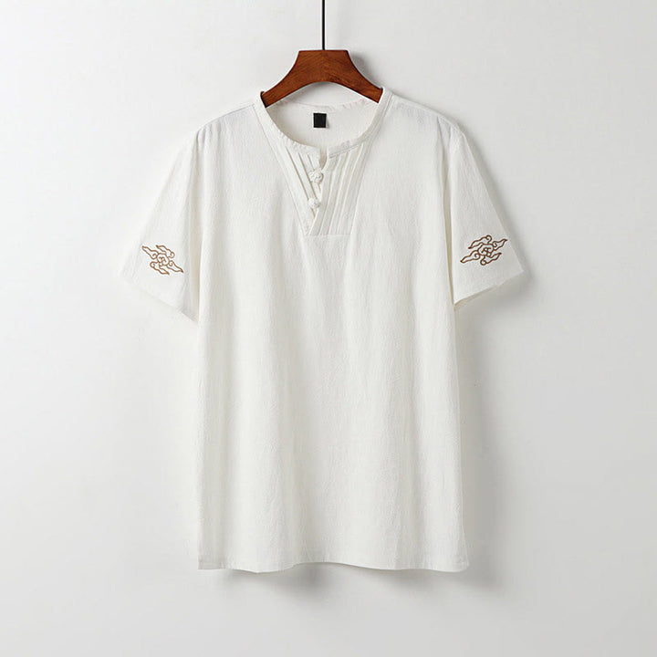 Buddha Stones Chemise d'été pour homme en coton et lin, col en V, manches courtes, boutons brandebourg, broderie nuages - Blanc - US/UK/AU54，EU64 (9XL) - image 1