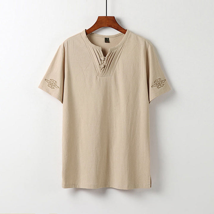 Buddha Stones Chemise d'été pour homme en coton et lin, col en V, manches courtes, boutons brandebourg, broderie nuages - Bisque - US/UK/AU54，EU64 (9XL) - image 12