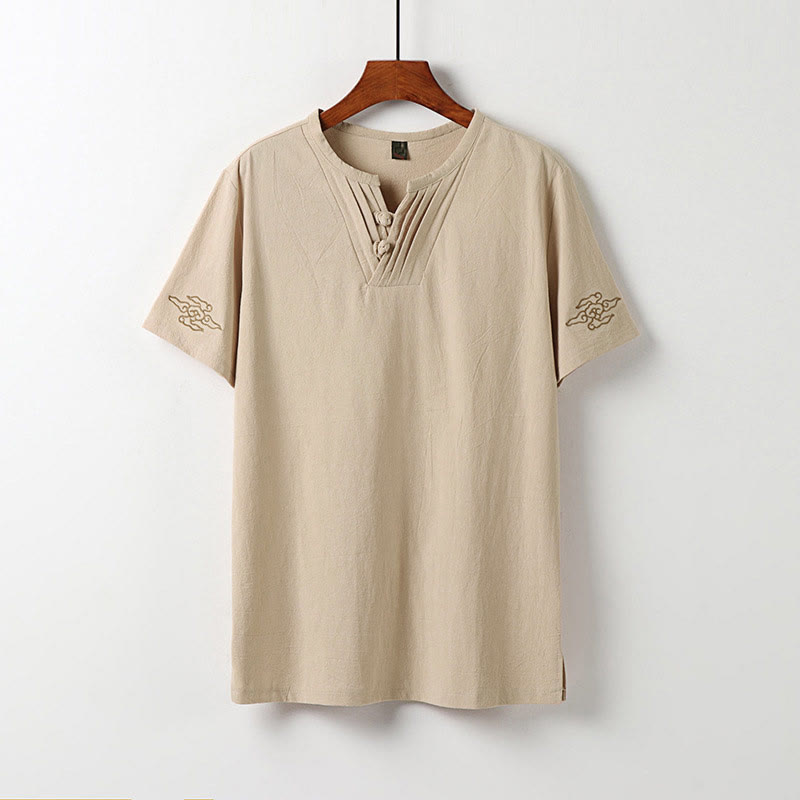 Buddha Stones Chemise d'été pour homme en coton et lin, col en V, manches courtes, boutons brandebourg, broderie nuages - Bisque - US/UK/AU54，EU64 (9XL) - image 12