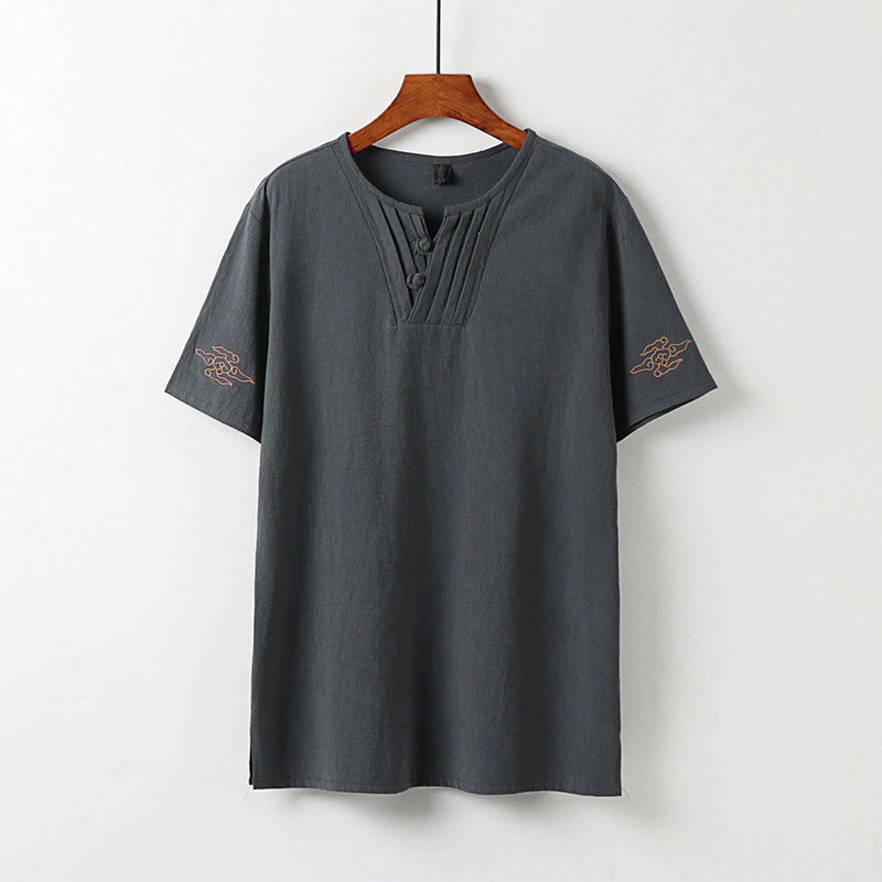 Buddha Stones Chemise d'été pour homme en coton et lin, col en V, manches courtes, boutons brandebourg, broderie nuages - Gris - US/UK/AU54，EU64 (9XL) - image 2