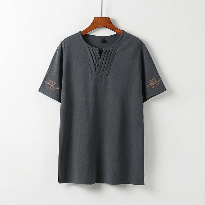 Buddha Stones Chemise d'été pour homme en coton et lin, col en V, manches courtes, boutons brandebourg, broderie nuages - Gris - US/UK/AU54，EU64 (9XL) - image 2