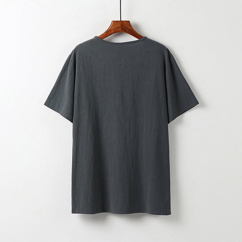 Buddha Stones Chemise d'été pour homme en coton et lin, col en V, manches courtes, boutons brandebourg, broderie nuages - image 3