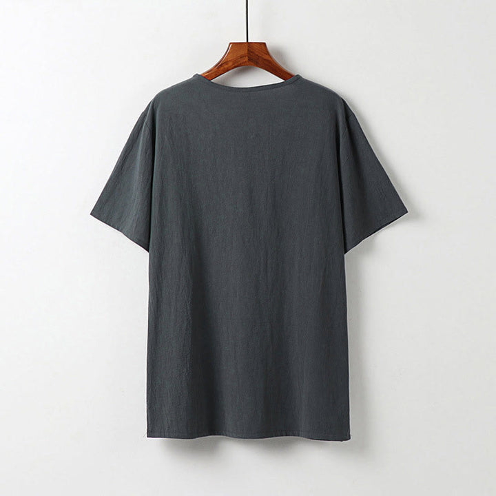 Buddha Stones Chemise d'été pour homme en coton et lin, col en V, manches courtes, boutons brandebourg, broderie nuages - image 3