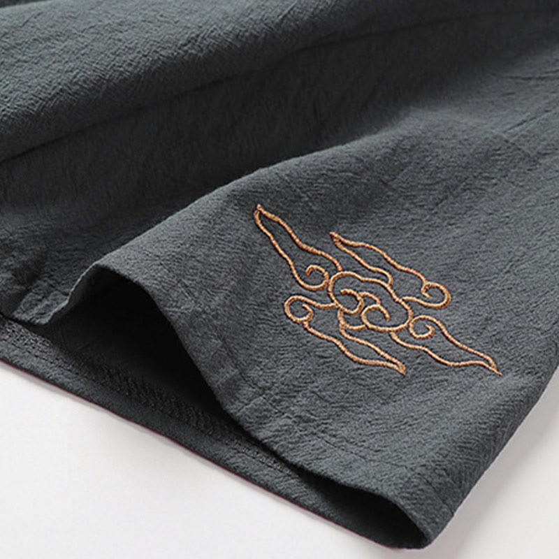 Buddha Stones Chemise d'été pour homme en coton et lin, col en V, manches courtes, boutons brandebourg, broderie nuages - image 6