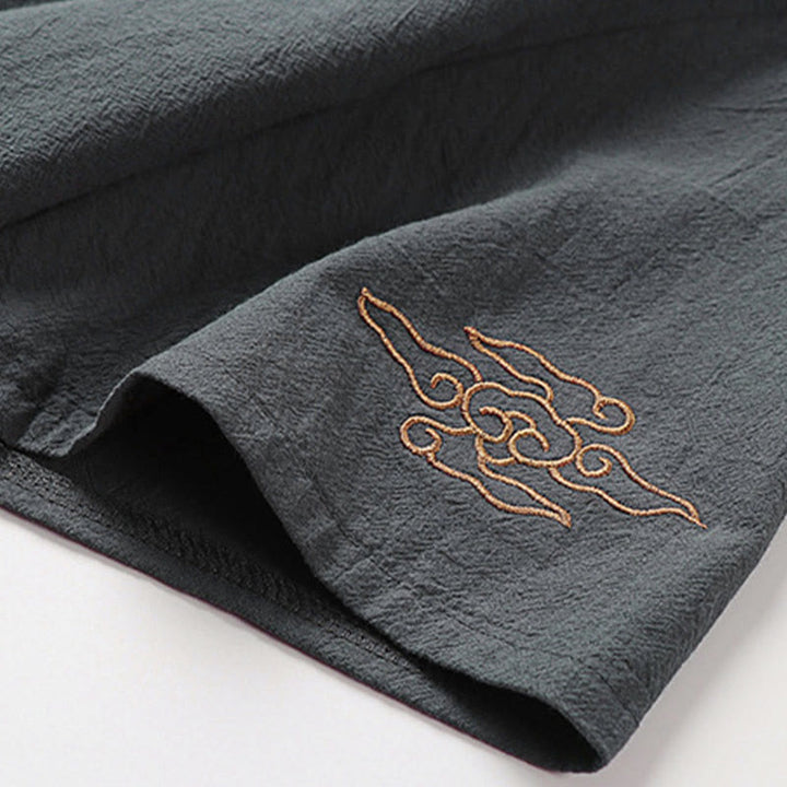 Buddha Stones Chemise d'été pour homme en coton et lin, col en V, manches courtes, boutons brandebourg, broderie nuages - image 6