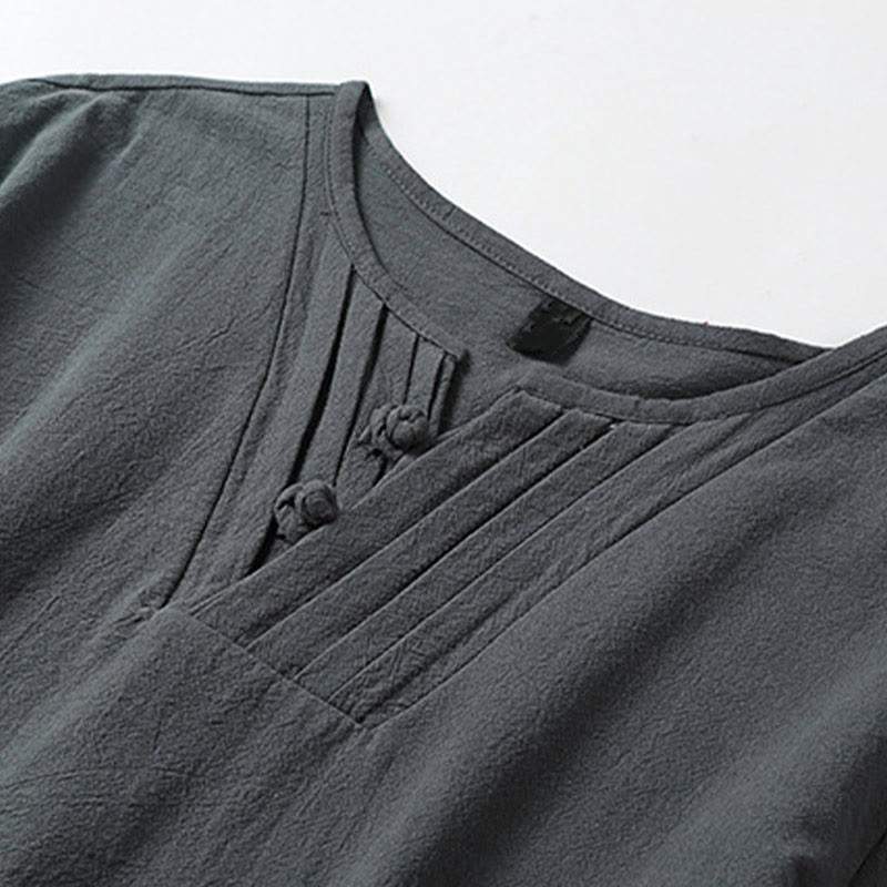 Buddha Stones Chemise d'été pour homme en coton et lin, col en V, manches courtes, boutons brandebourg, broderie nuages - image 4