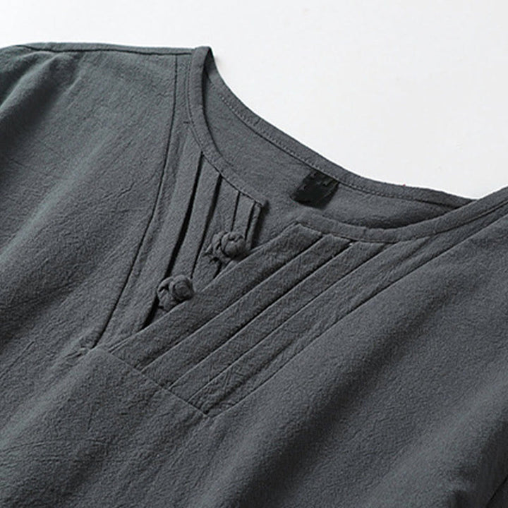 Buddha Stones Chemise d'été pour homme en coton et lin, col en V, manches courtes, boutons brandebourg, broderie nuages - image 4