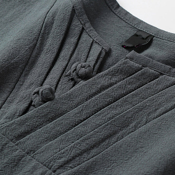 Buddha Stones Chemise d'été pour homme en coton et lin, col en V, manches courtes, boutons brandebourg, broderie nuages - image 5