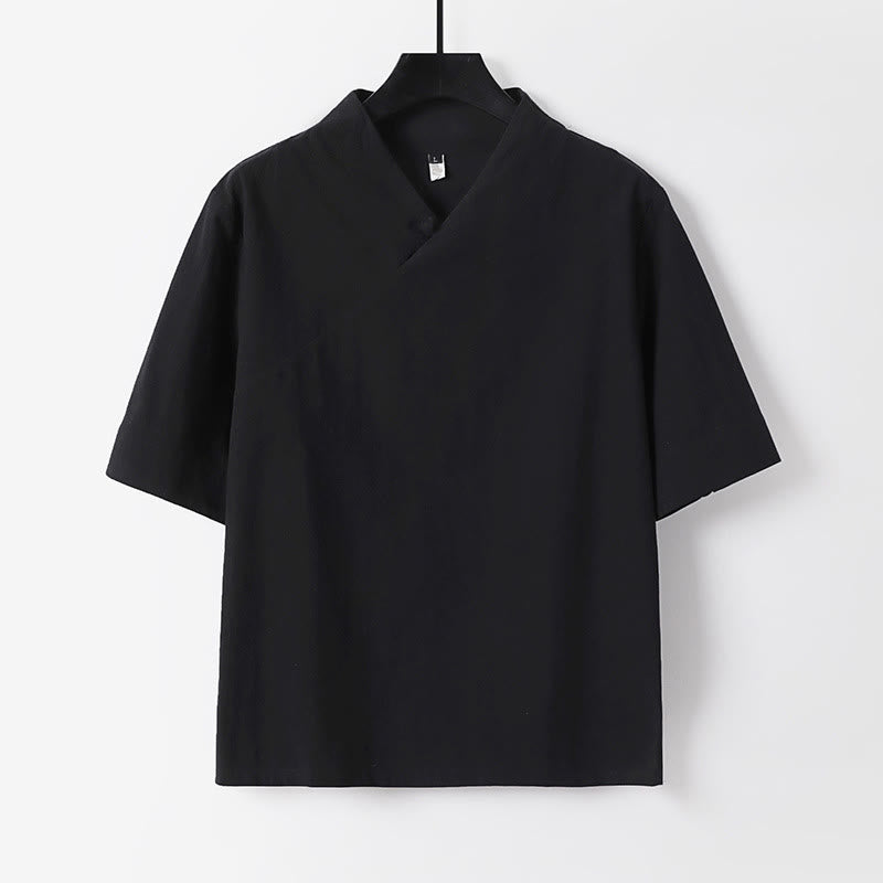 Buddha Stones Chemise d'été simple à col en V et manches courtes en coton et lin pour homme - Noir - US/UK/AU54，EU64 (9XL) - image 1