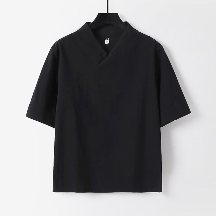 Buddha Stones Chemise d'été simple à col en V et manches courtes en coton et lin pour homme - Noir - US/UK/AU54，EU64 (9XL) - image 1