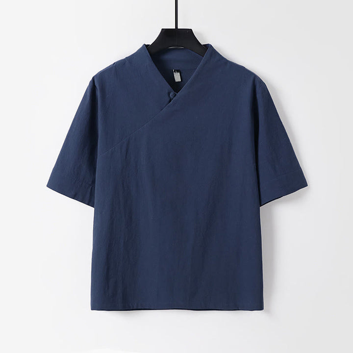 Buddha Stones Chemise d'été simple à col en V et manches courtes en coton et lin pour homme - SteelBlue - US/UK/AU54，EU64 (9XL) - image 2