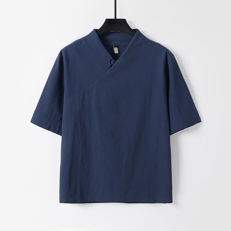 Buddha Stones Chemise d'été simple à col en V et manches courtes en coton et lin pour homme - SteelBlue - US/UK/AU54，EU64 (9XL) - image 2