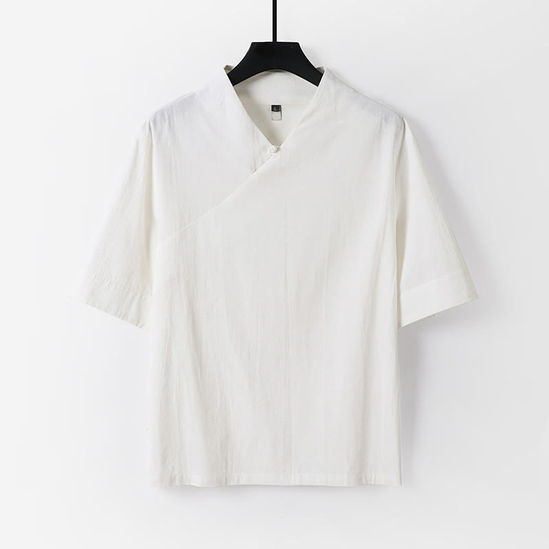 Buddha Stones Chemise d'été simple à col en V et manches courtes en coton et lin pour homme - Blanc - US/UK/AU54，EU64 (9XL) - image 11