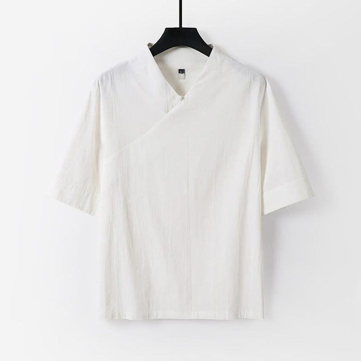 Buddha Stones Chemise d'été simple à col en V et manches courtes en coton et lin pour homme - Blanc - US/UK/AU54，EU64 (9XL) - image 11