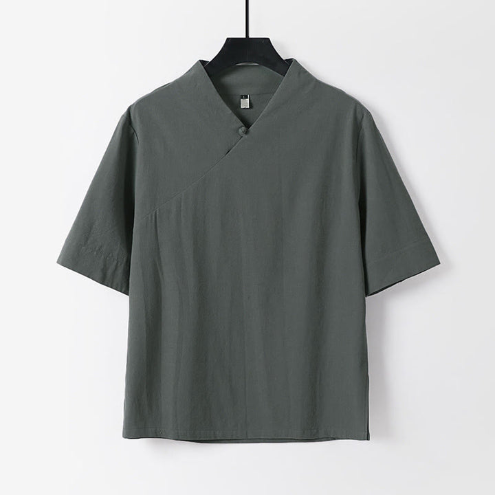 Buddha Stones Chemise d'été simple à col en V et manches courtes en coton et lin pour homme - Gris - US/UK/AU54，EU64 (9XL) - image 0