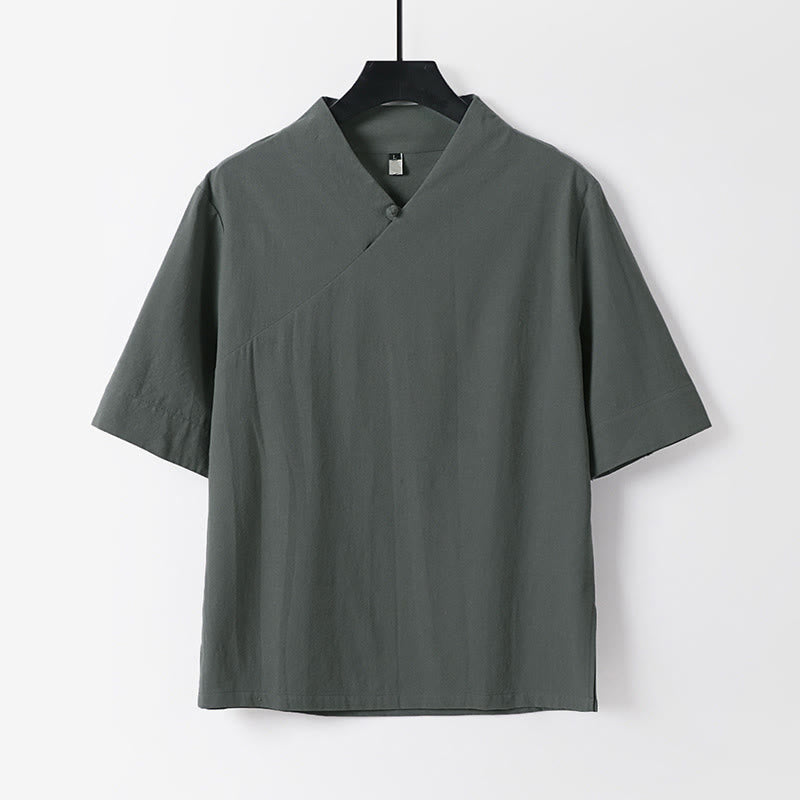 Buddha Stones Chemise d'été simple à col en V et manches courtes en coton et lin pour homme - Gris - US/UK/AU54，EU64 (9XL) - image 0