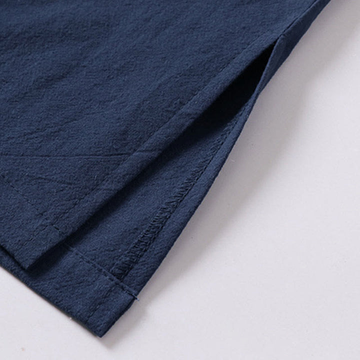 Buddha Stones Chemise d'été simple à col en V et manches courtes en coton et lin pour homme - image 7