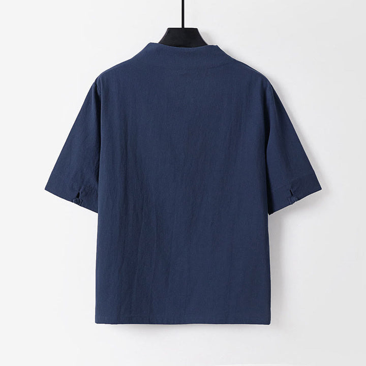 Buddha Stones Chemise d'été simple à col en V et manches courtes en coton et lin pour homme - image 3