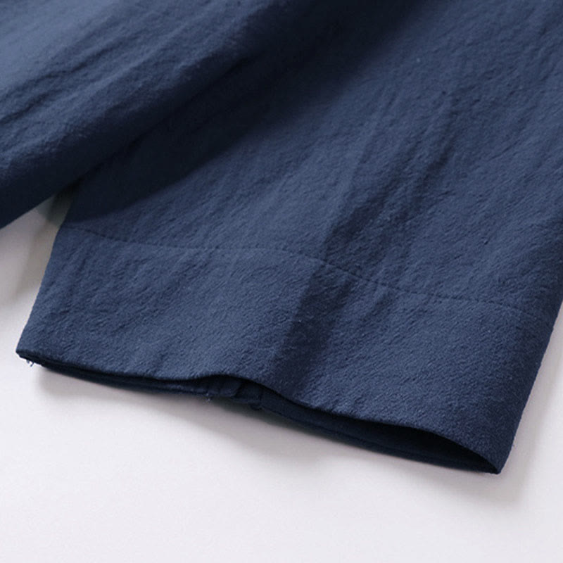 Buddha Stones Chemise d'été simple à col en V et manches courtes en coton et lin pour homme - image 6